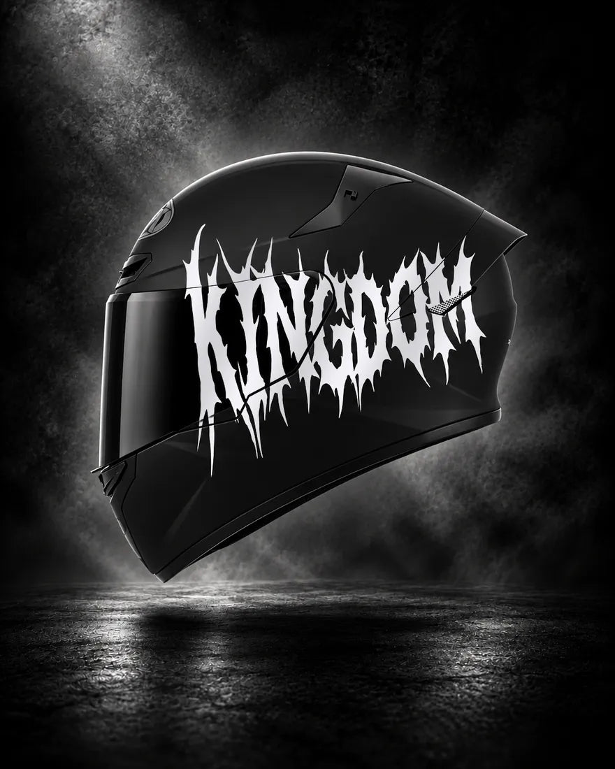 Casque noir avec lettrage KINGDOM réfléchissant, sticker casque style Death Metal