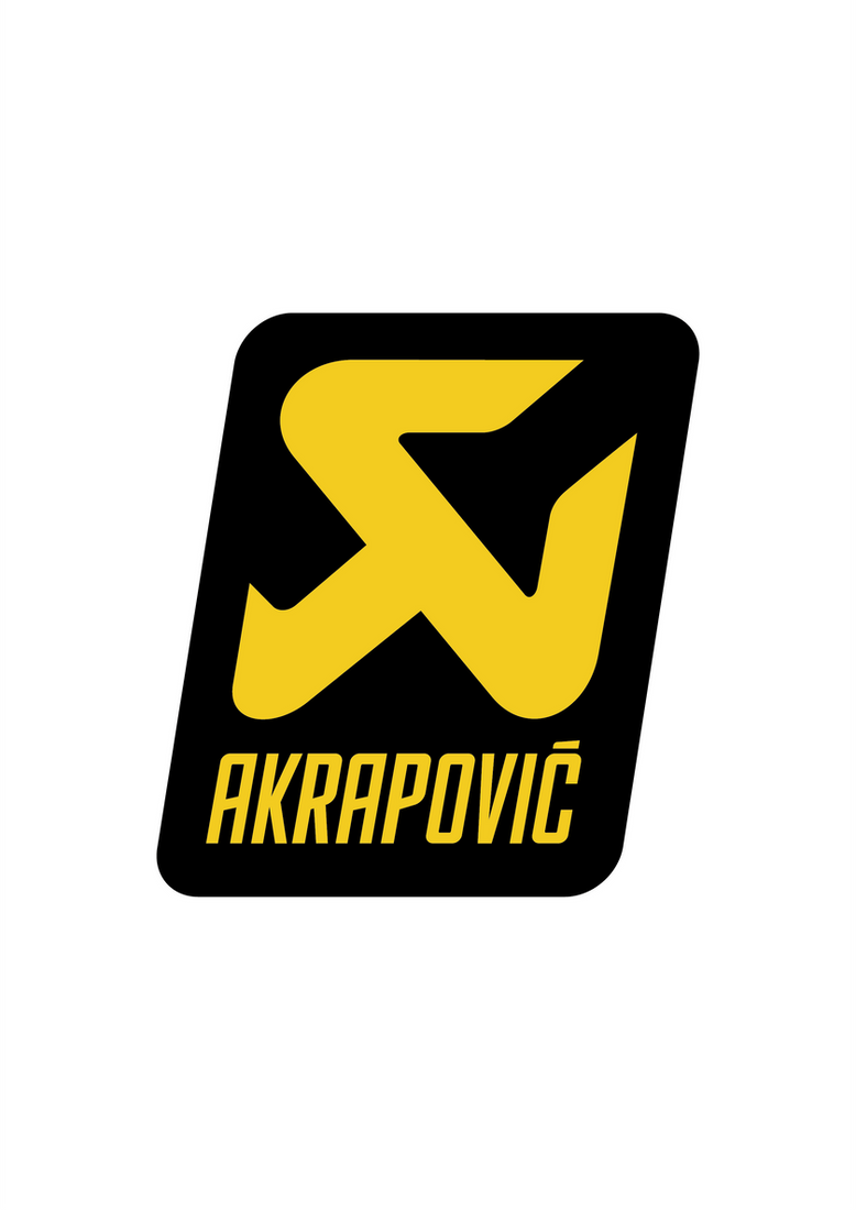 Sticker Akrapovic Custom jaune sur fond noir, logo moto