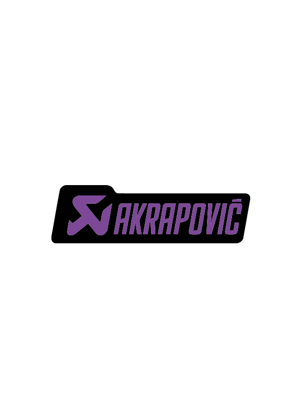 Sticker Akrapovic Long violet sur fond noir, logo allongé moto
