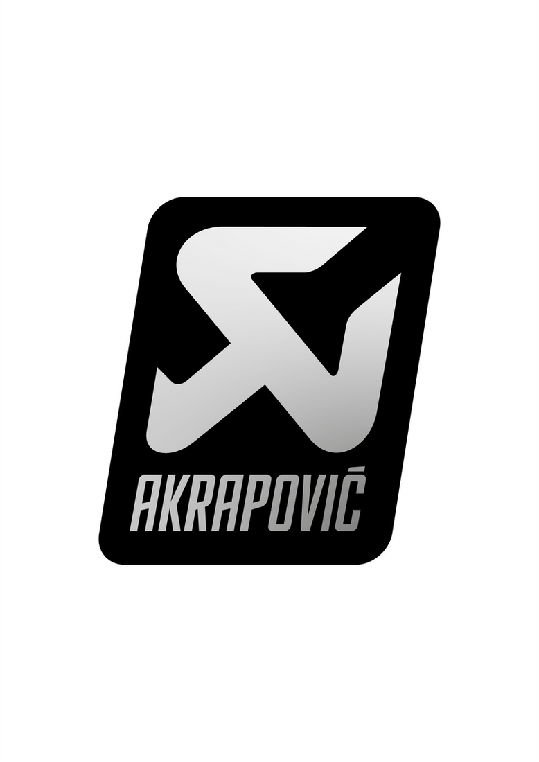 Sticker Akrapovic Custom argenté sur fond noir, logo moto