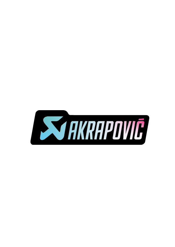 Sticker Akrapovic Long holographique sur fond noir, logo allongé moto