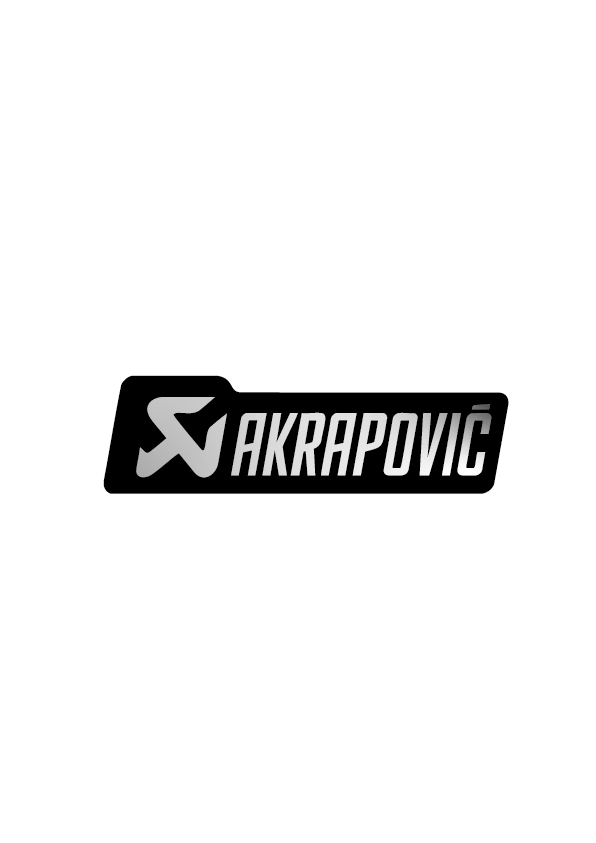 Sticker Akrapovic Long argenté sur fond noir, logo allongé moto