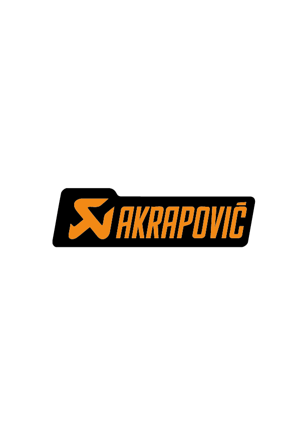 Sticker Akrapovic Long orange sur fond noir, logo allongé moto