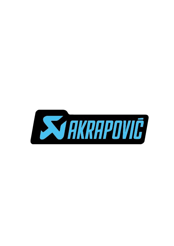 Sticker Akrapovic Long bleu clair sur fond noir, logo allongé moto