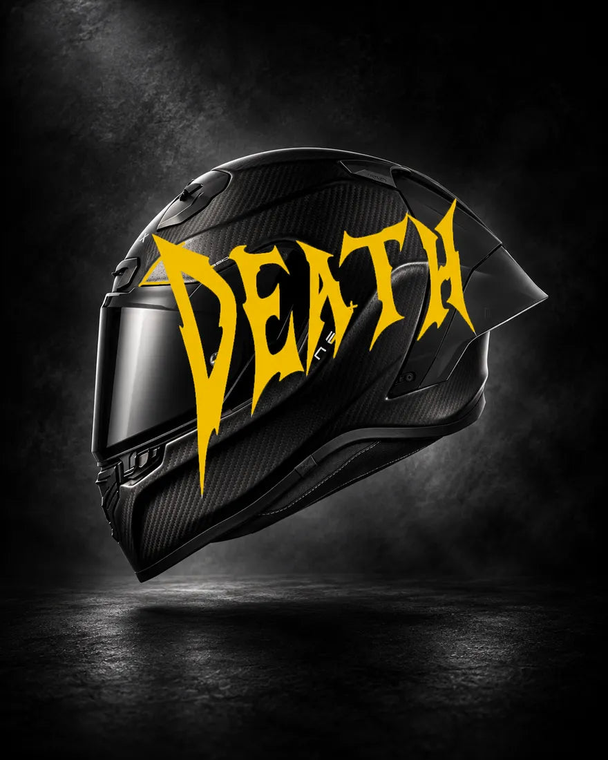 Casque carbone avec lettrage DEATH jaune, sticker casque style Novocare