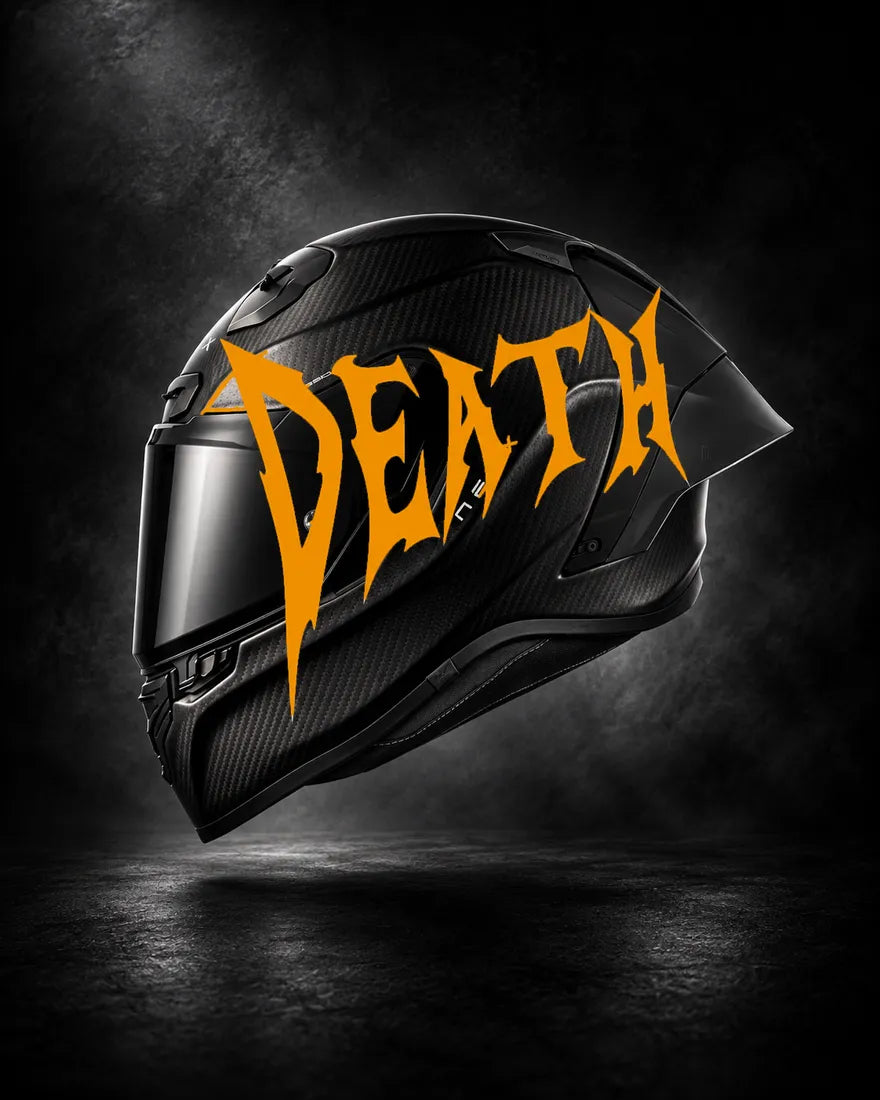 Casque carbone avec lettrage DEATH orange, sticker casque style Novocare