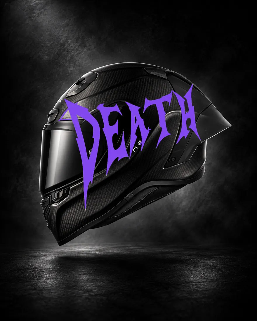 Casque carbone avec lettrage DEATH violet, sticker casque style Novocare