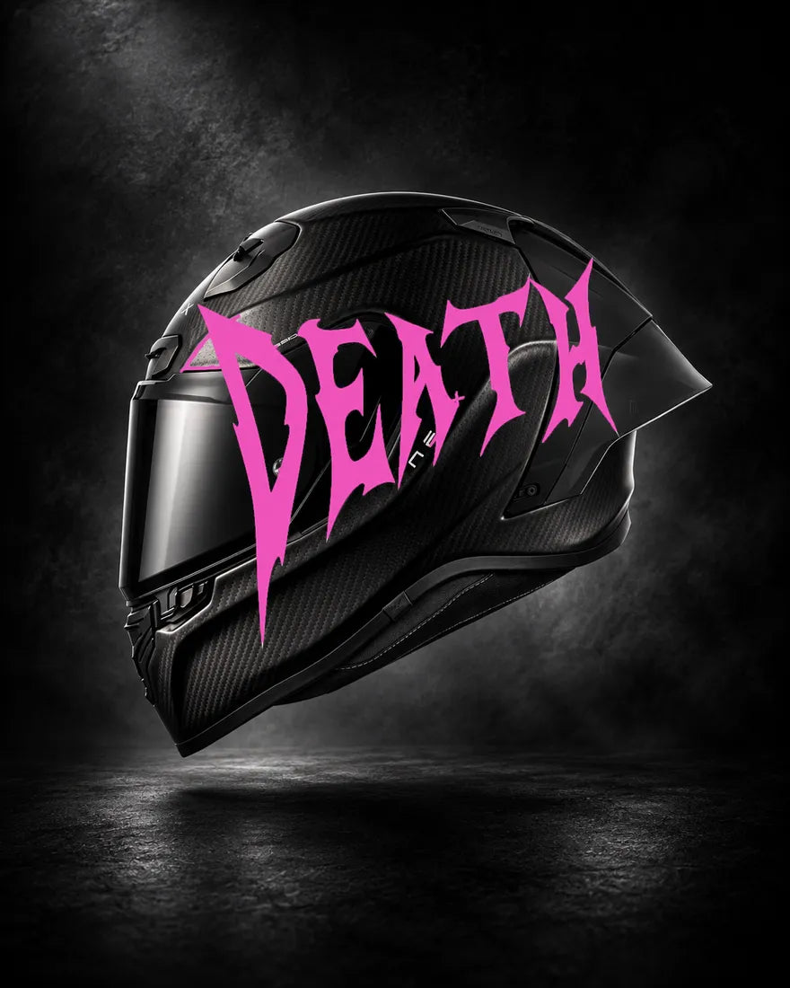 Casque carbone avec lettrage DEATH rose, sticker casque style Novocare