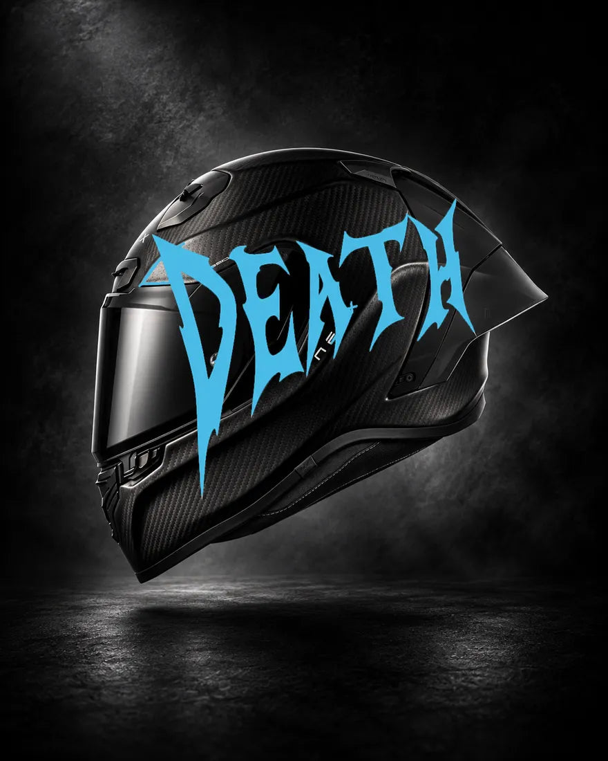 Casque carbone avec lettrage DEATH bleu clair, sticker casque style Novocare