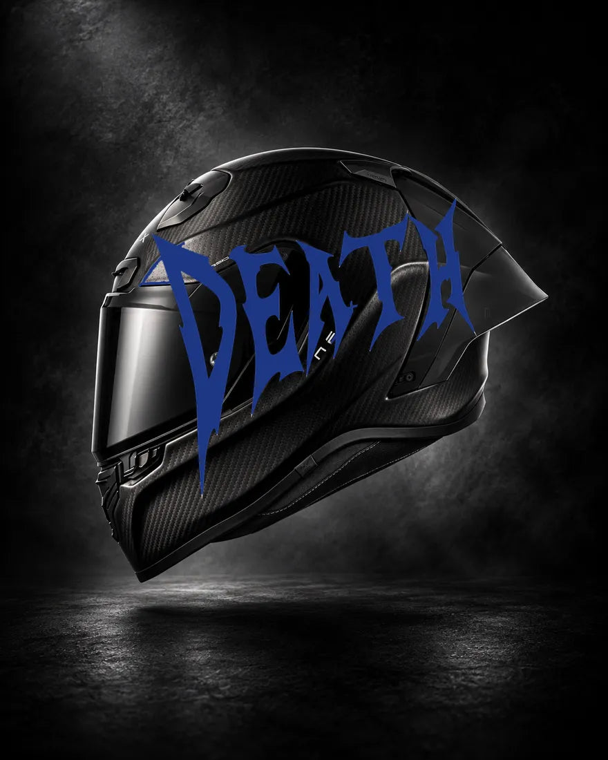 Casque carbone avec lettrage DEATH bleu foncé, sticker casque style Novocare