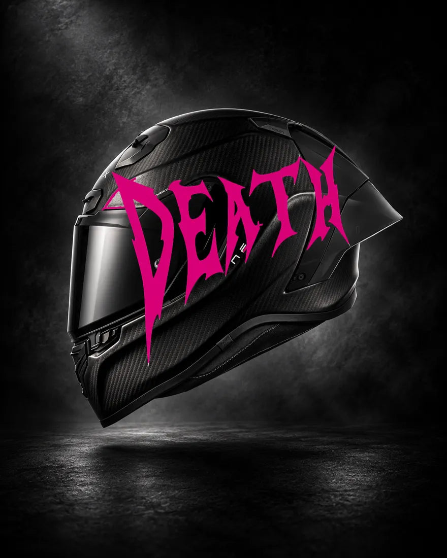 Casque carbone avec lettrage DEATH rose fuchsia, sticker casque style Novocare