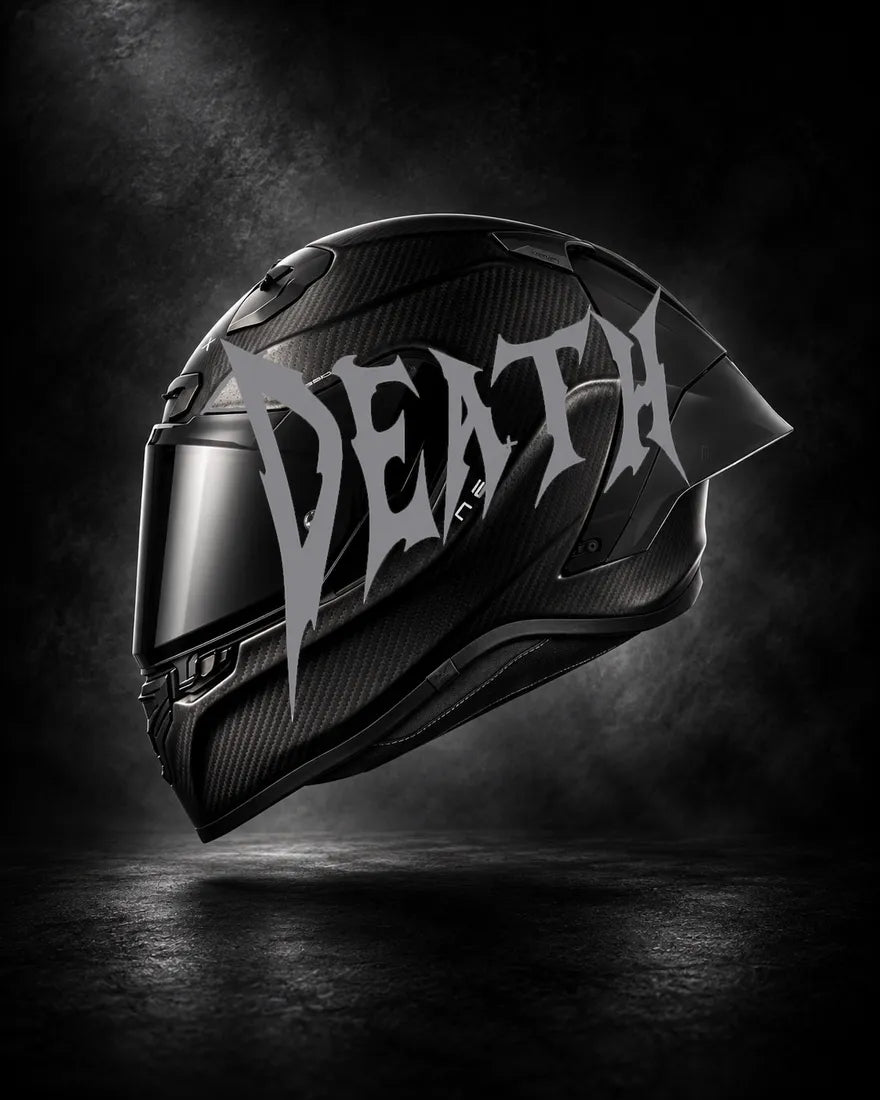 Casque carbone avec lettrage DEATH gris, sticker casque style Novocare
