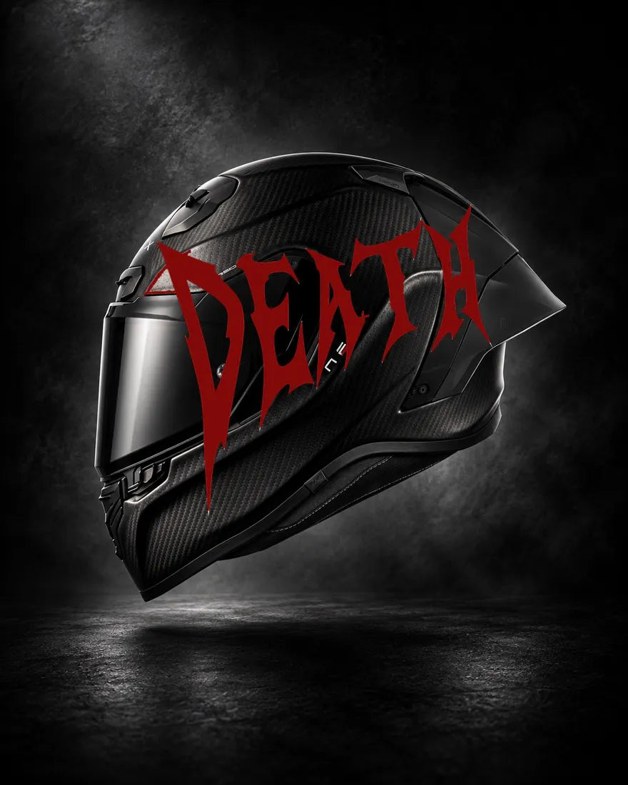 Casque carbone avec lettrage DEATH rouge sang, sticker casque style Novocare