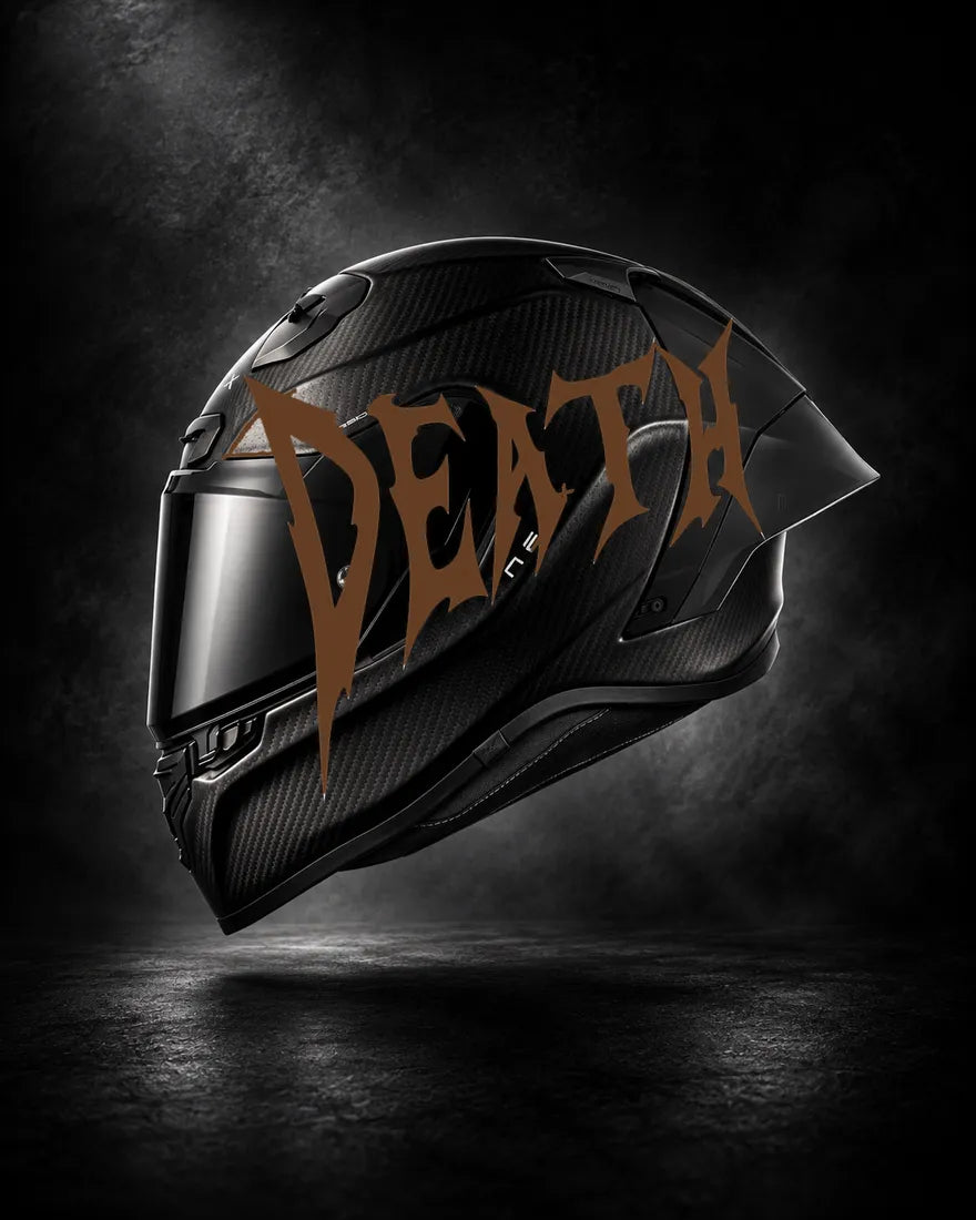 Casque carbone avec lettrage DEATH brun, sticker casque style Novocare
