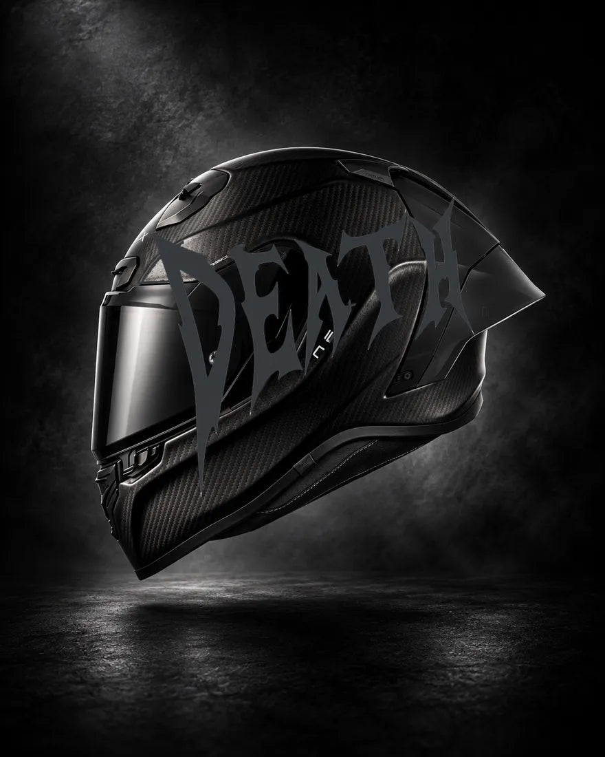 Casque carbone avec lettrage DEATH gris anthracite, sticker casque style Novocare