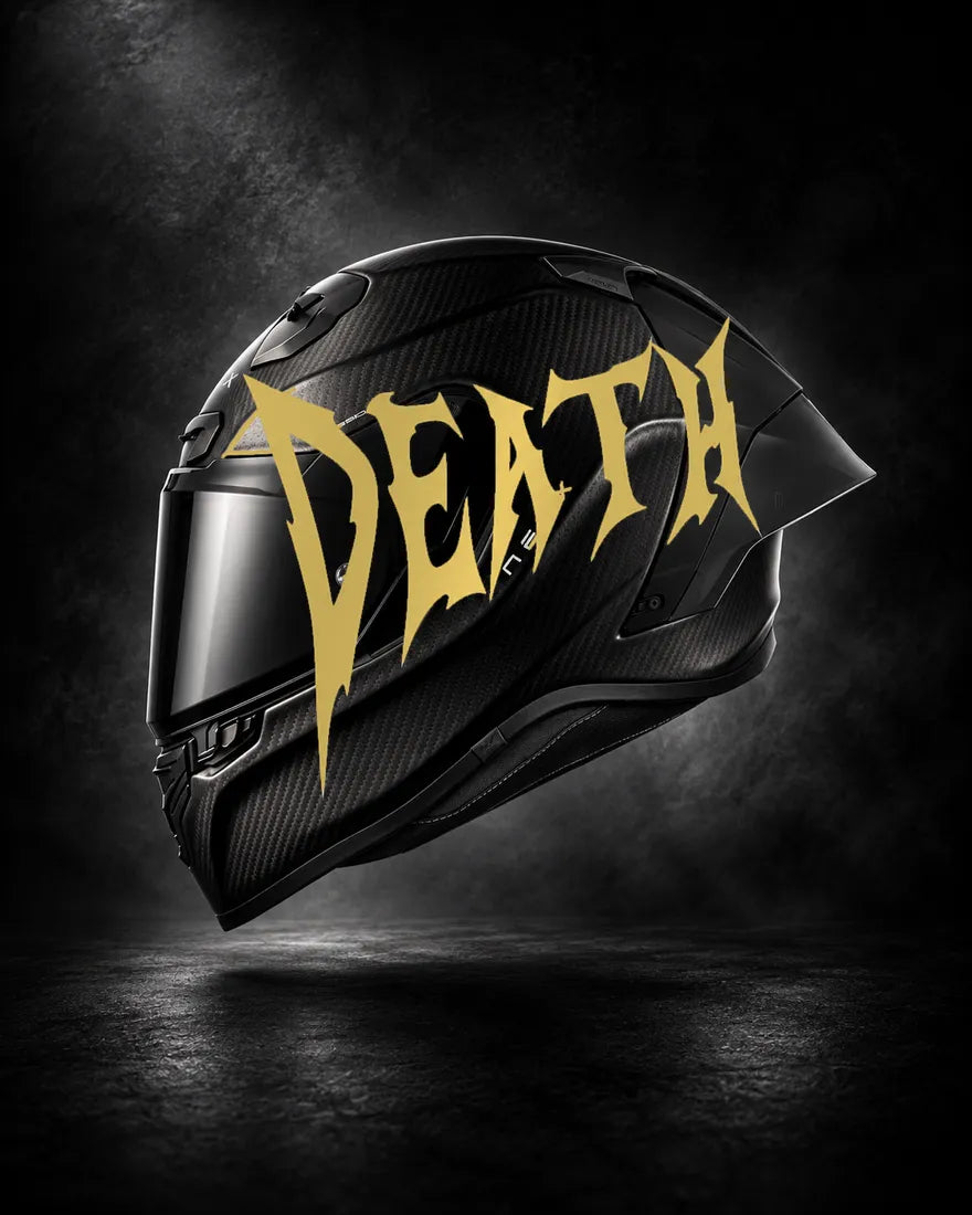 Casque carbone avec lettrage DEATH doré, sticker casque style Novocare