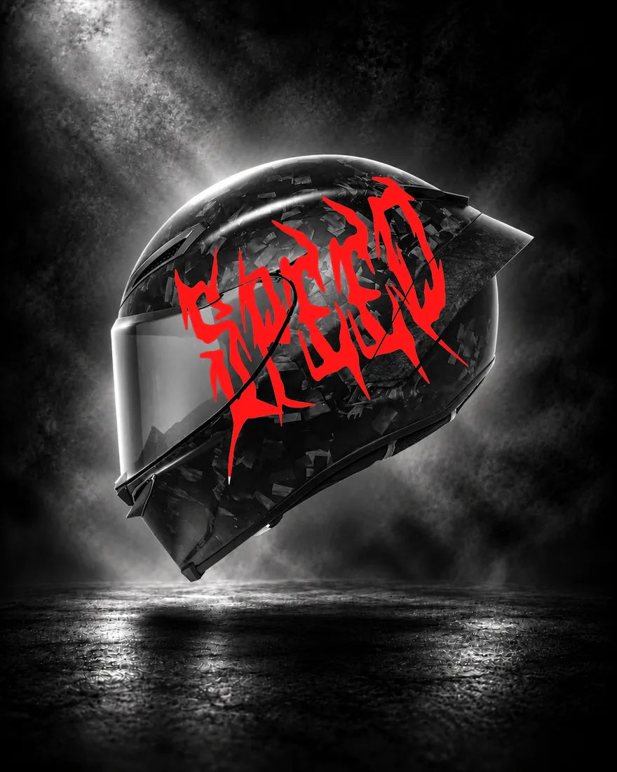 Casque carbone avec lettrage SPEED rouge, sticker casque Trash Crush