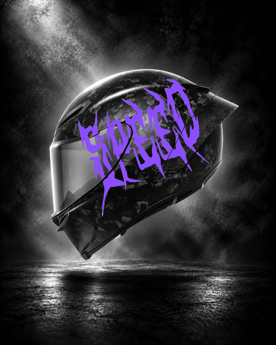 Casque carbone avec lettrage SPEED violet, sticker casque Trash Crush