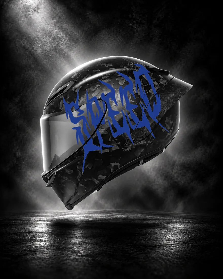 Casque carbone avec lettrage SPEED bleu foncé, sticker casque Trash Crush