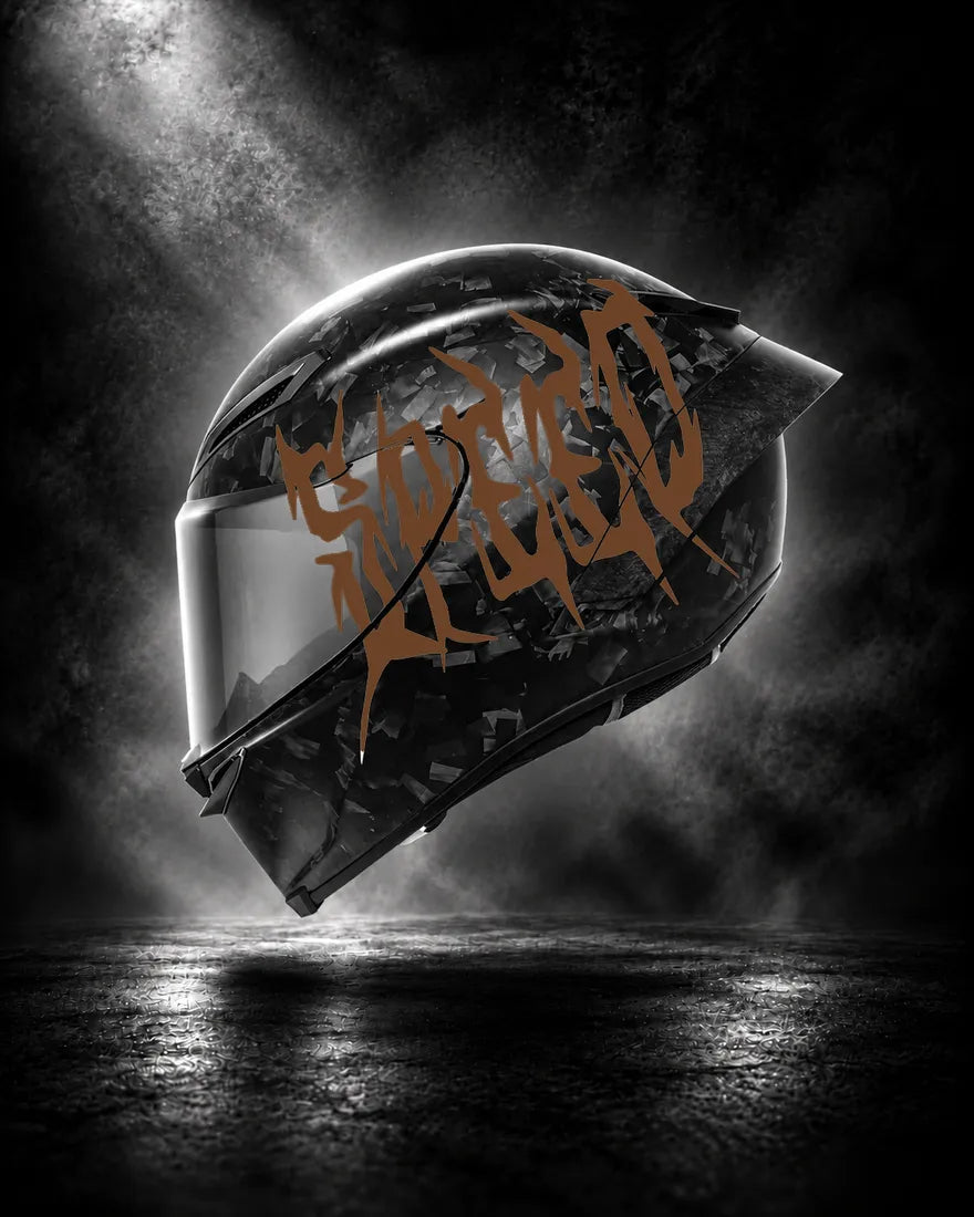 Casque carbone avec lettrage SPEED brun, sticker casque Trash Crush