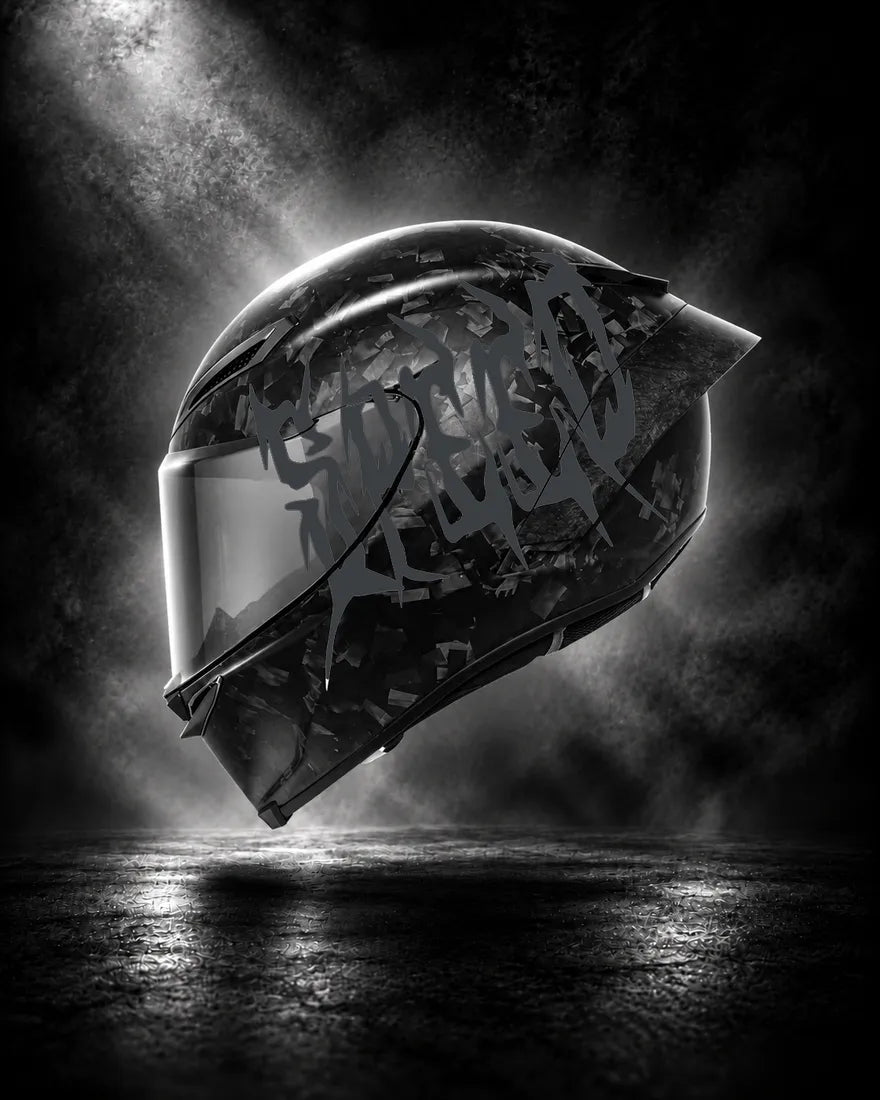 Casque carbone avec lettrage SPEED gris anthracite, sticker casque Trash Crush