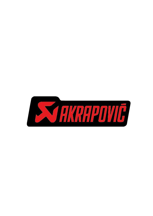 Sticker Akrapovic Long rouge sur fond noir, logo allongé moto