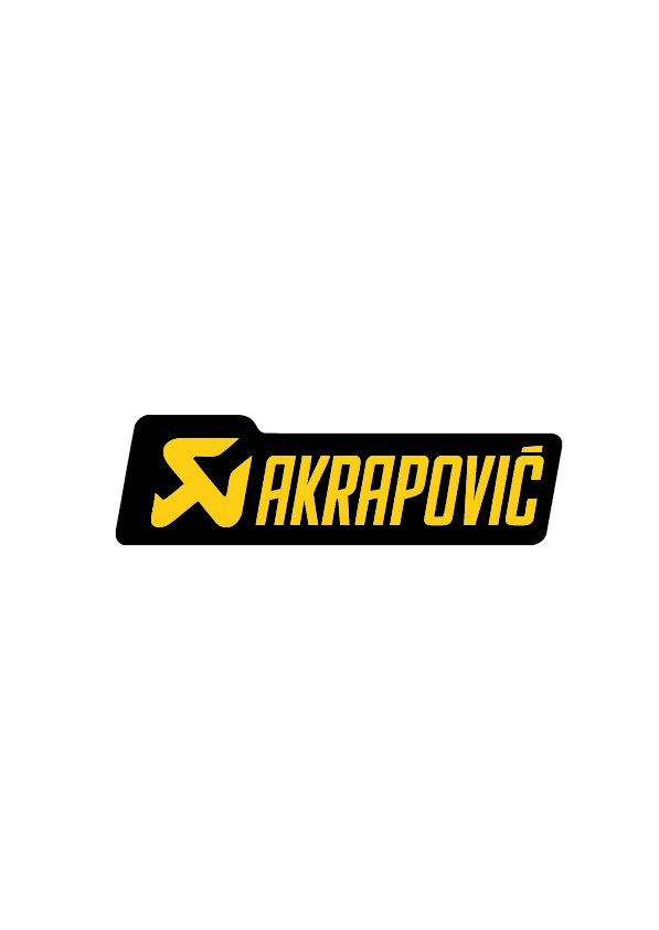 Sticker Akrapovic Long jaune sur fond noir, logo allongé moto