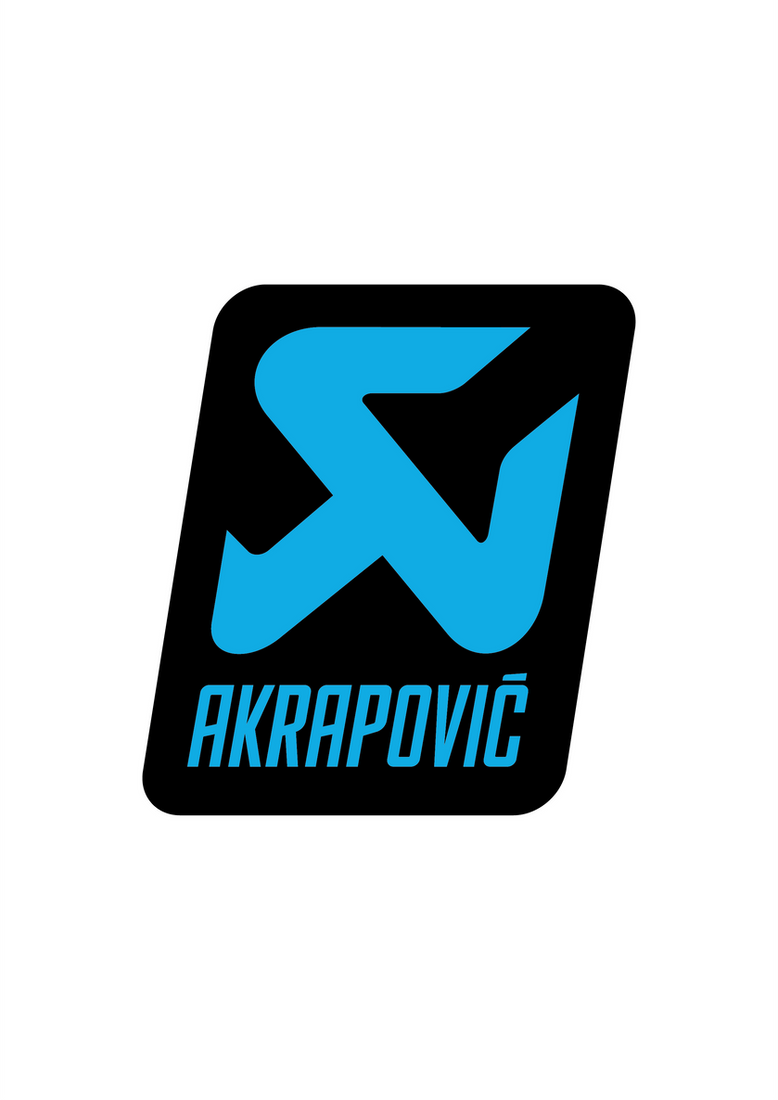 Sticker Akrapovic Custom bleu clair sur fond noir, logo moto