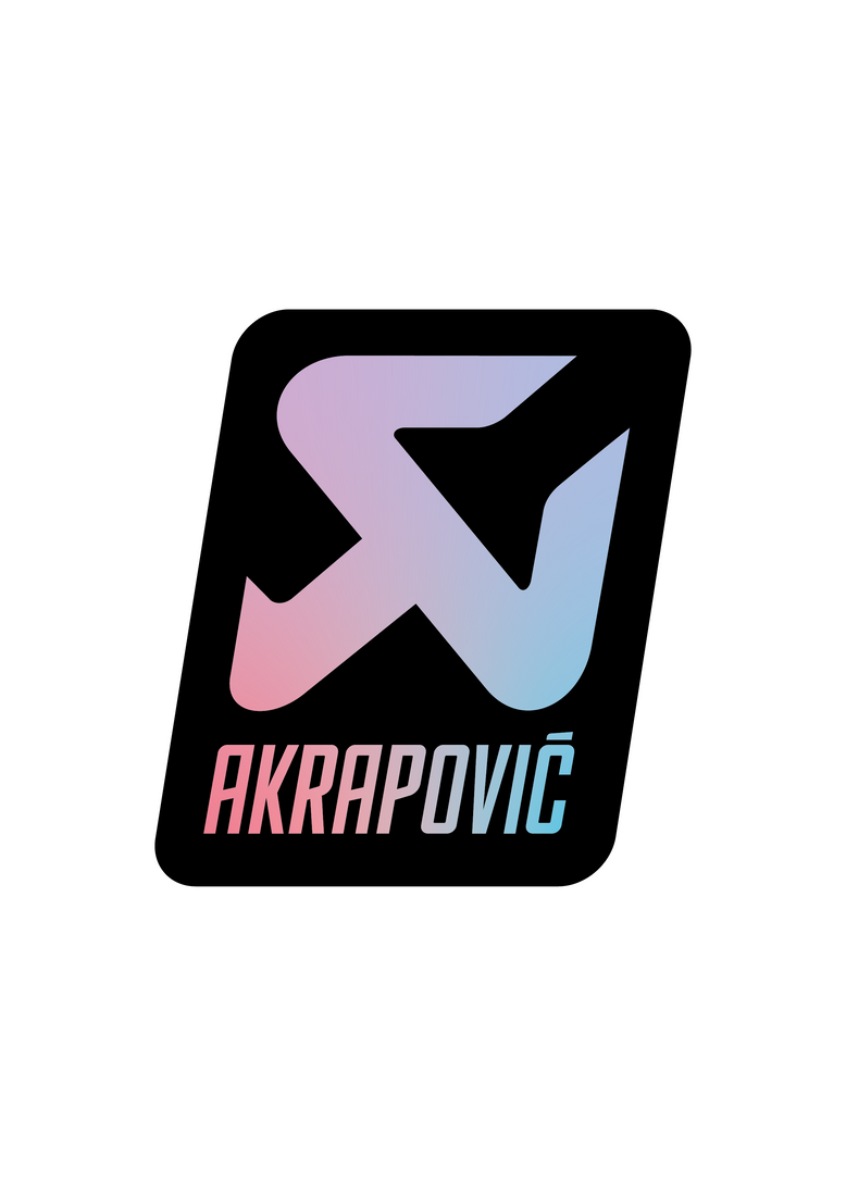 Sticker Akrapovic Custom holographique sur fond noir, logo moto