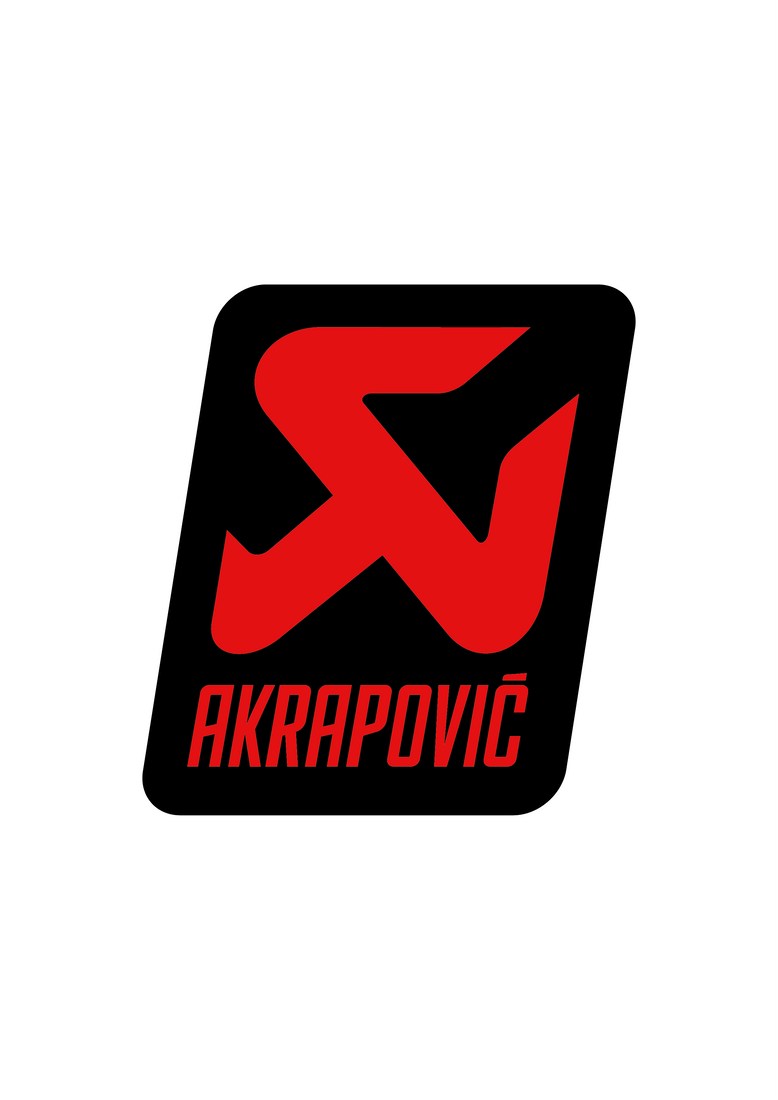 Sticker Akrapovic Custom rouge sur fond noir, logo moto