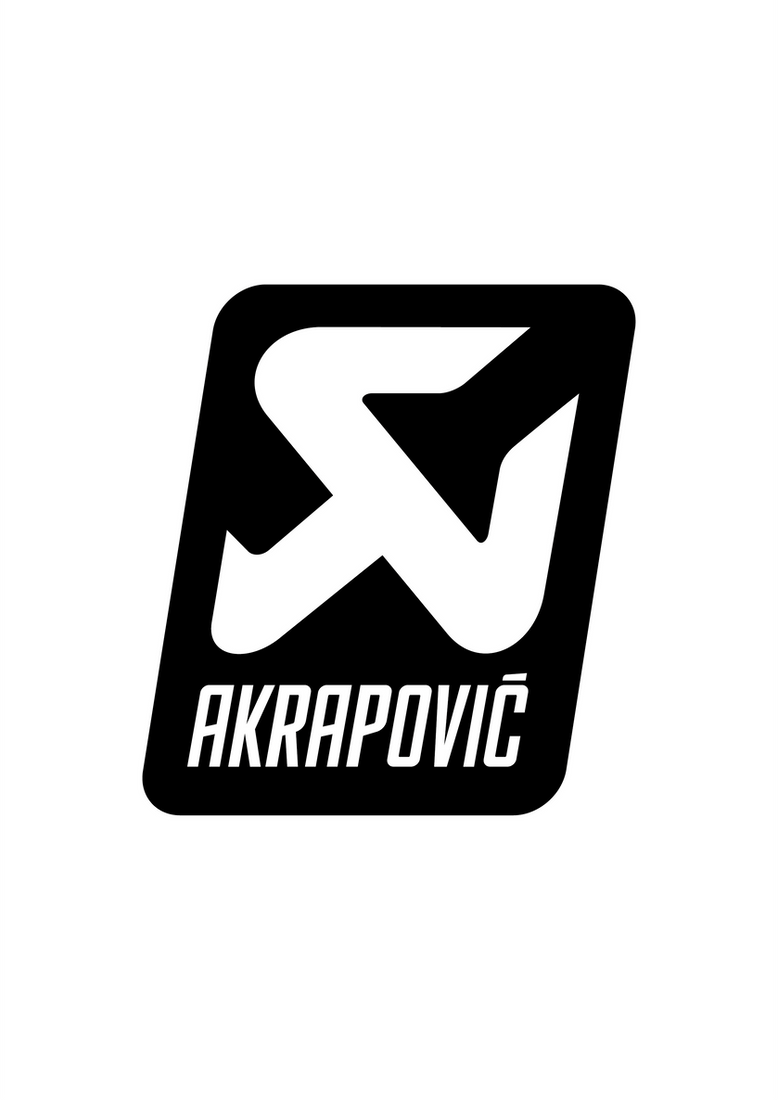 Sticker Akrapovic Custom blanc sur fond noir, logo moto