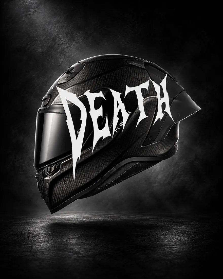 Casque carbone avec lettrage DEATH blanc, sticker casque style Novocare
