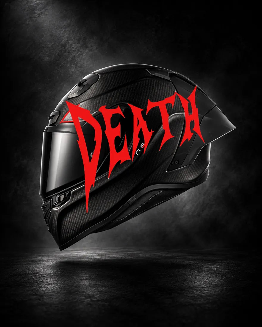 Casque carbone avec lettrage DEATH rouge, sticker casque style Novocare