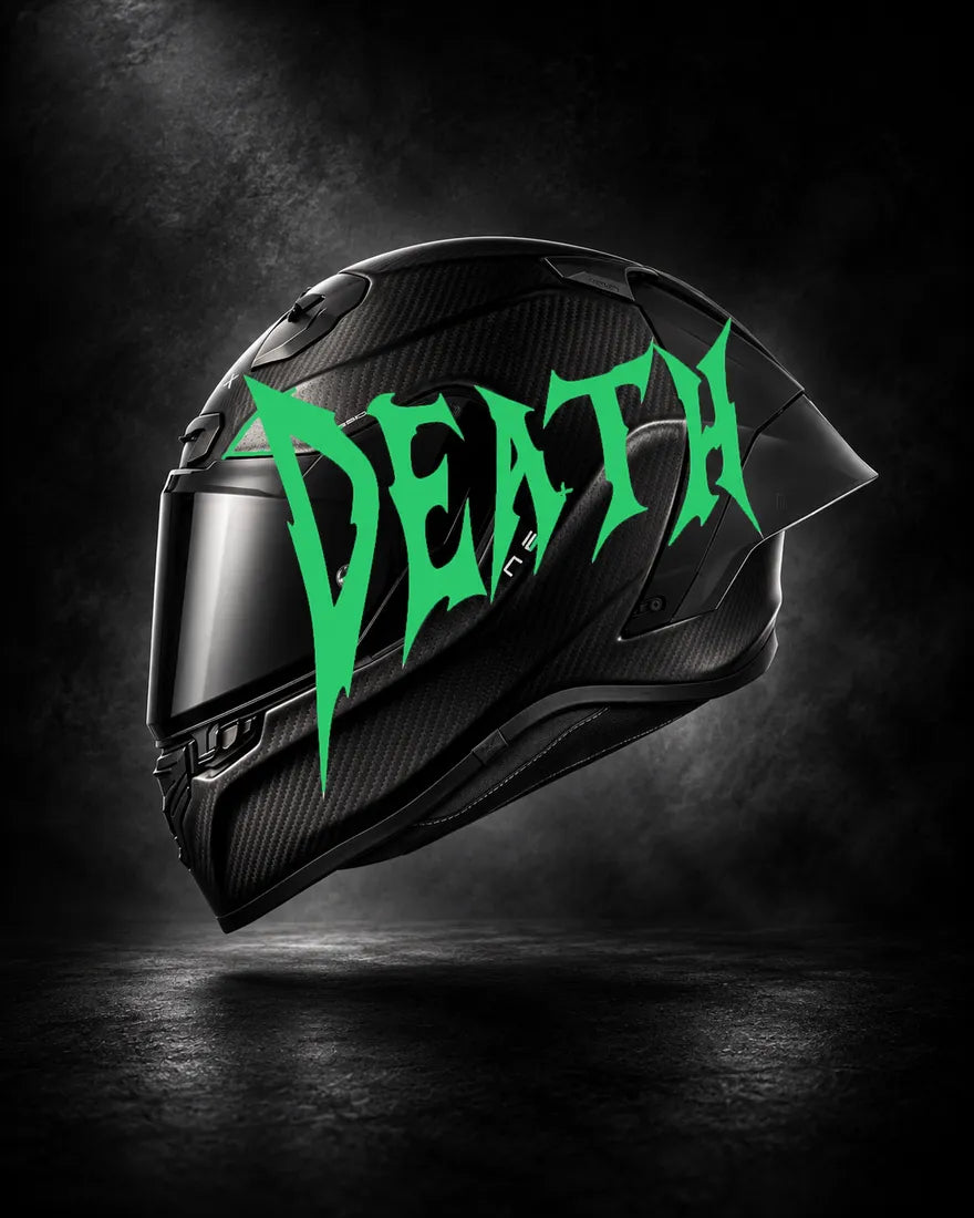 Casque carbone avec lettrage DEATH vert, sticker casque style Novocare