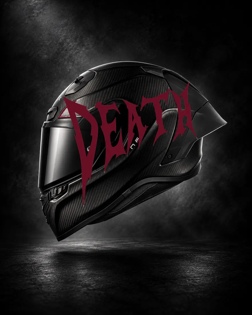 Casque carbone avec lettrage DEATH bordeaux, sticker casque style Novocare