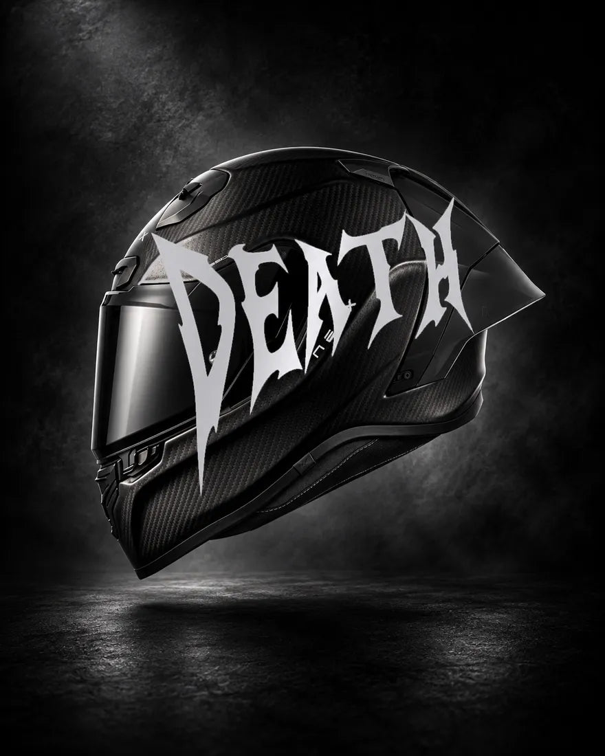 Casque carbone avec lettrage DEATH réfléchissant, sticker casque style Novocare