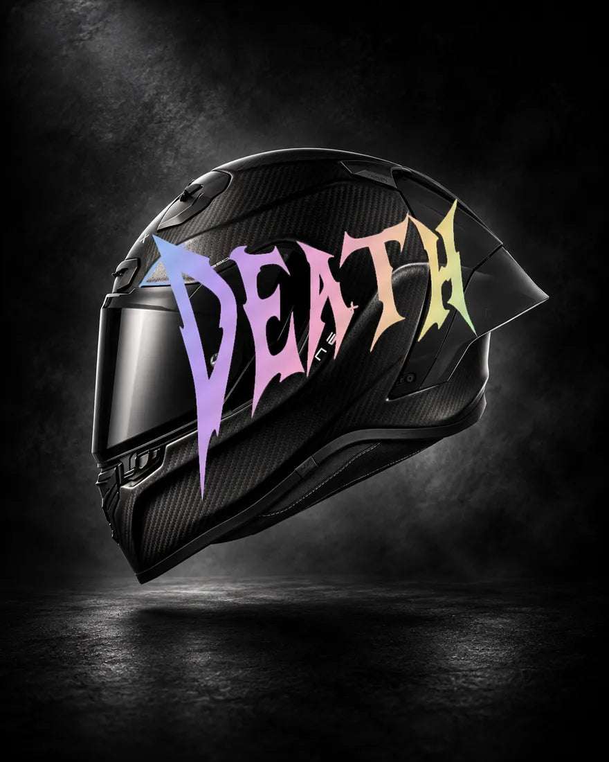 Casque carbone avec lettrage DEATH holographique, sticker casque style Novocare