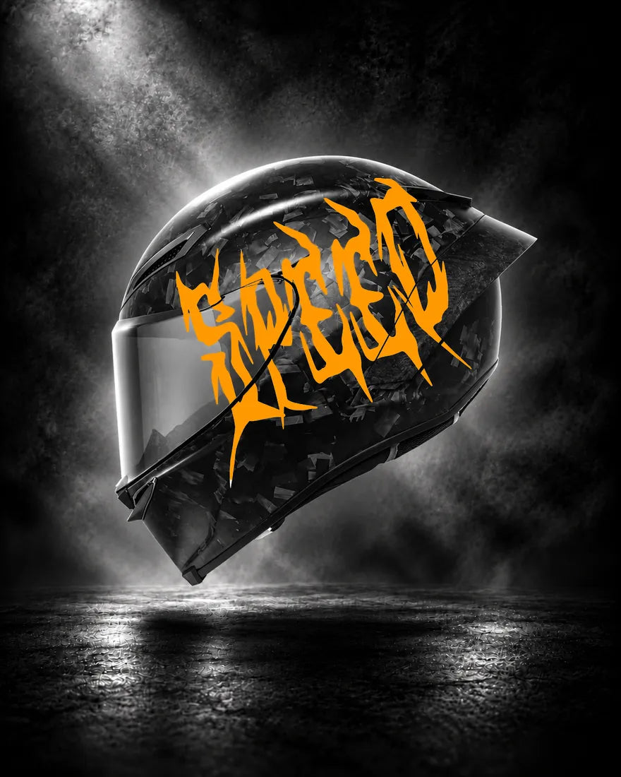 Casque carbone avec lettrage SPEED orange, sticker casque Trash Crush