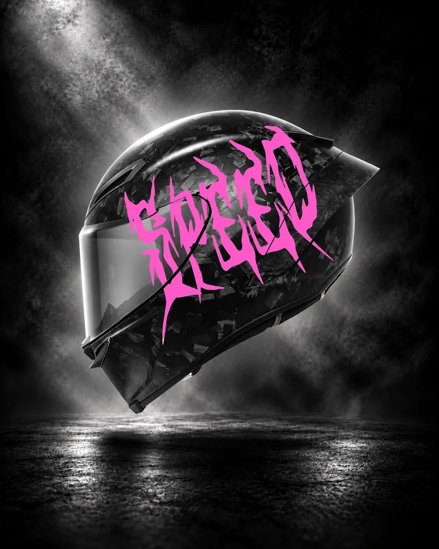 Casque carbone avec lettrage SPEED rose, sticker casque Trash Crush