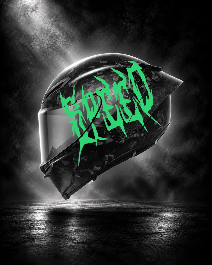 Casque carbone avec lettrage SPEED vert, sticker casque Trash Crush