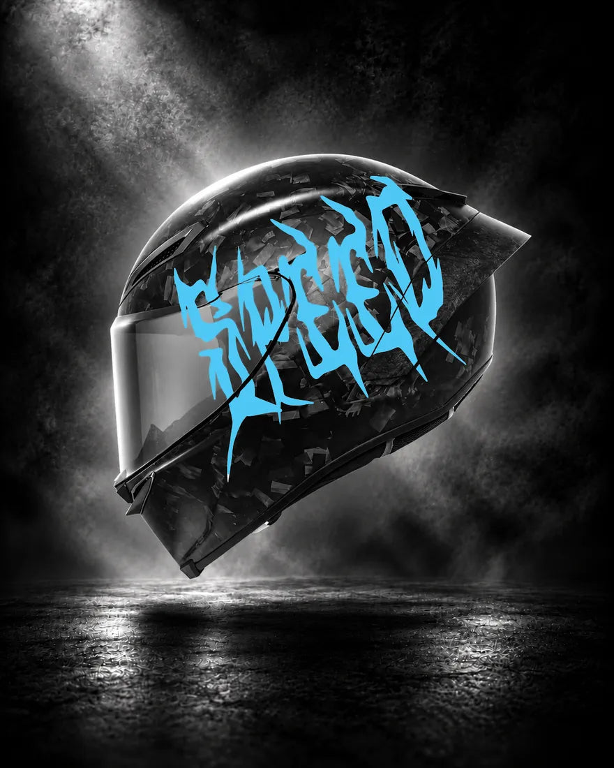 Casque carbone avec lettrage SPEED bleu clair, sticker casque Trash Crush