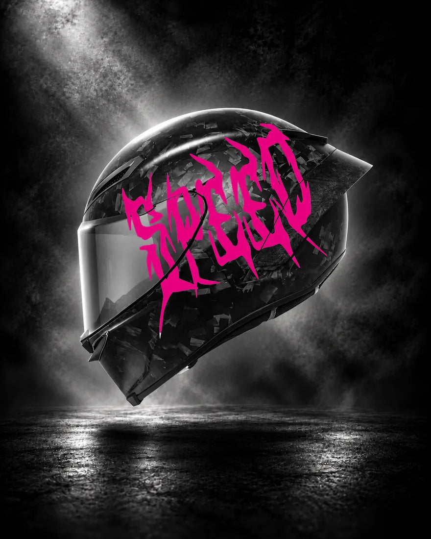 Casque carbone avec lettrage SPEED rose fuchsia, sticker casque Trash Crush