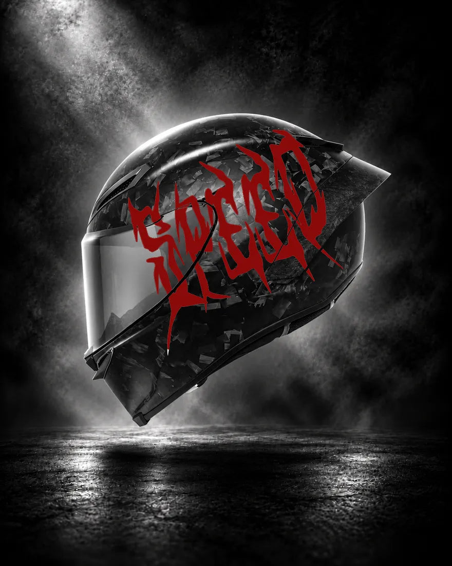 Casque carbone avec lettrage SPEED rouge sang, sticker casque Trash Crush